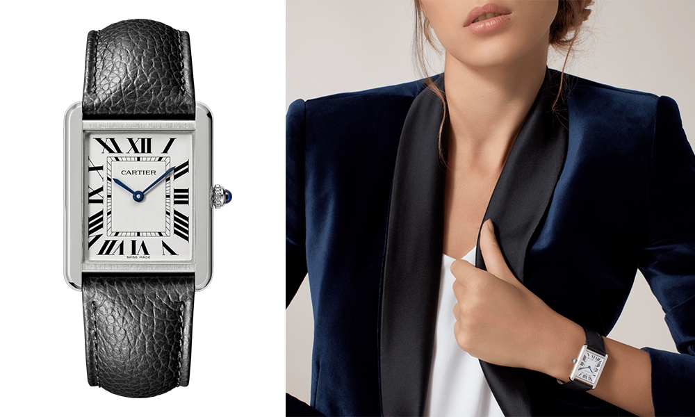 網購Cartier Tank Must腕錶，大型款，石英機芯。精鋼錶殼，珠粒裝飾錶冠，鑲嵌1顆凸圓形合成尖晶石，銀色錶盤，藍鋼劍形指針，黑色粒面小牛皮錶帶，精鋼針扣式錶扣。錶殼尺寸：33.7 x 25.5毫米。