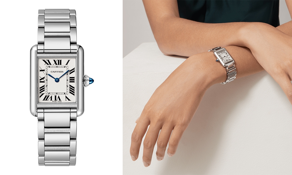 網購Cartier Tank Must腕錶，小型款，石英機芯。精鋼錶殼，珠粒裝飾錶冠，鑲嵌1顆凸圓形合成尖晶石，銀色錶盤，藍鋼劍形指針，精鋼錶鏈。錶殼尺寸：29.5 x 22毫米。