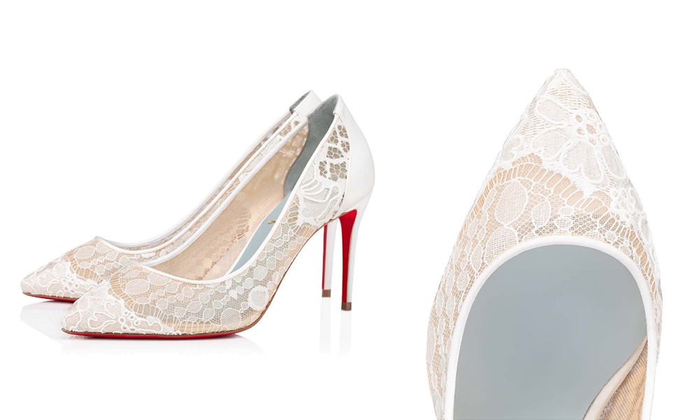 Christian Louboutin結婚鞋 Follies Lace 喱士高跟鞋，採用85毫米鞋跟，喱士設計輕巧地修飾腳形，完美融入婚紗設計。