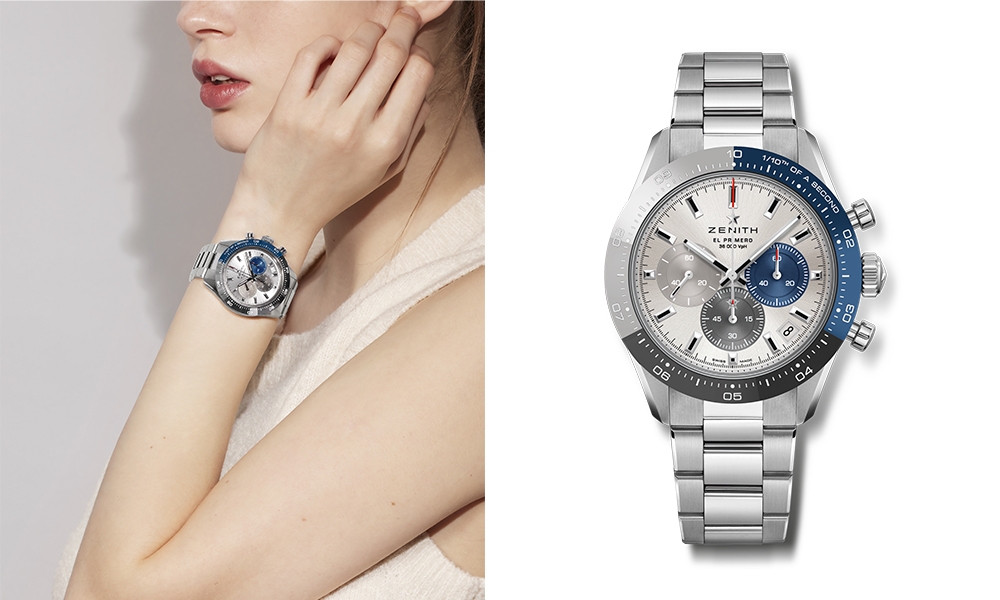 Zenith新錶 Zenith Chronomaster Sport腕錶專門店限定款式將三色錶盤、泵式按鈕和精鋼錶鏈等Zenith計時腕錶的經典元素與前所未見的三色陶瓷錶圈互相結合，搭配具有現代風格的41毫米精鋼錶殼。此錶款配備銀色太陽紋三色錶盤和整合式精鋼錶鏈。搭載El Primero 3600 1/10秒自動計時機芯。