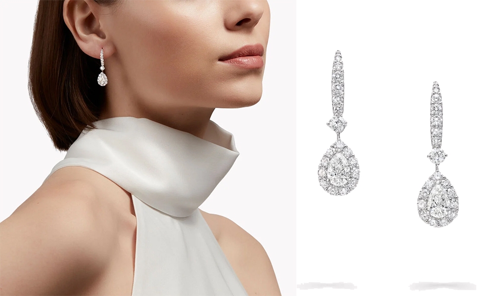 GRAFF婚嫁鑽飾系列 模特兒佩戴一對優雅的Icon梨形和密鑲鑽石耳環，鑽石共重3.37卡，包括兩顆經鑑定的0.70卡梨形鑽石。