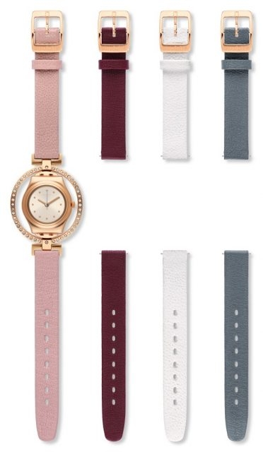 Swatch Glam腕錶也有特色錶圈設計，可簡易更換錶帶。原裝腕錶粉紅錶帶之外，可另選一種顏色錶帶。$2,080