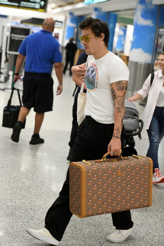 鼠年手袋 Harry Style拿著Gucci X Disney的行李箱上機。