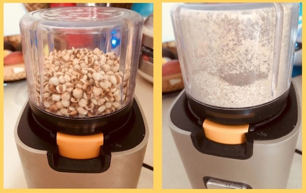 「炒薏米粉茶」做法：降溫以後用小型攪拌機打成粉。