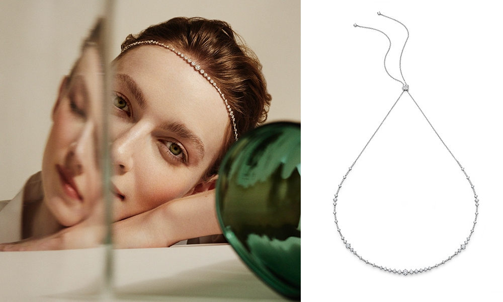 De Beers 新款婚嫁珠寶系列 這款18K白金choker頸鏈為標誌性的Arpeggia設計帶來多功能的創新詮釋，只需調節鏈條上的鎖扣系統，即可輕鬆將其轉變為髮飾佩戴。
