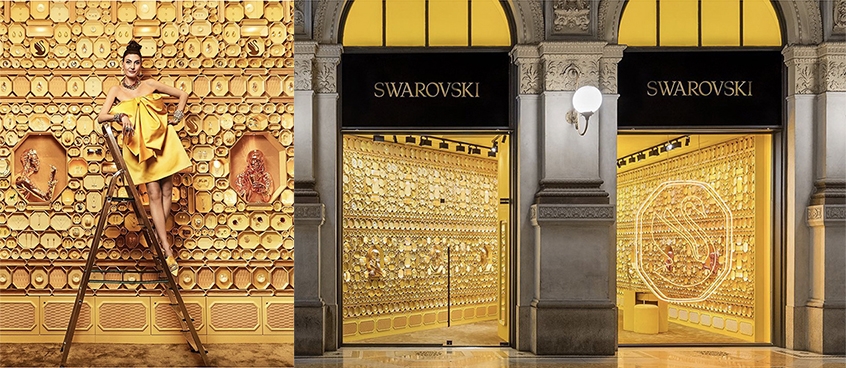 Swarovski創意總監Giovanna Battaglia Engelbert率先於米蘭Swarovski Instant Wonder專門店拍攝造型照，店內牆上滿佈金黃色八角形包裝盒裝飾，像極寶石糖果屋。