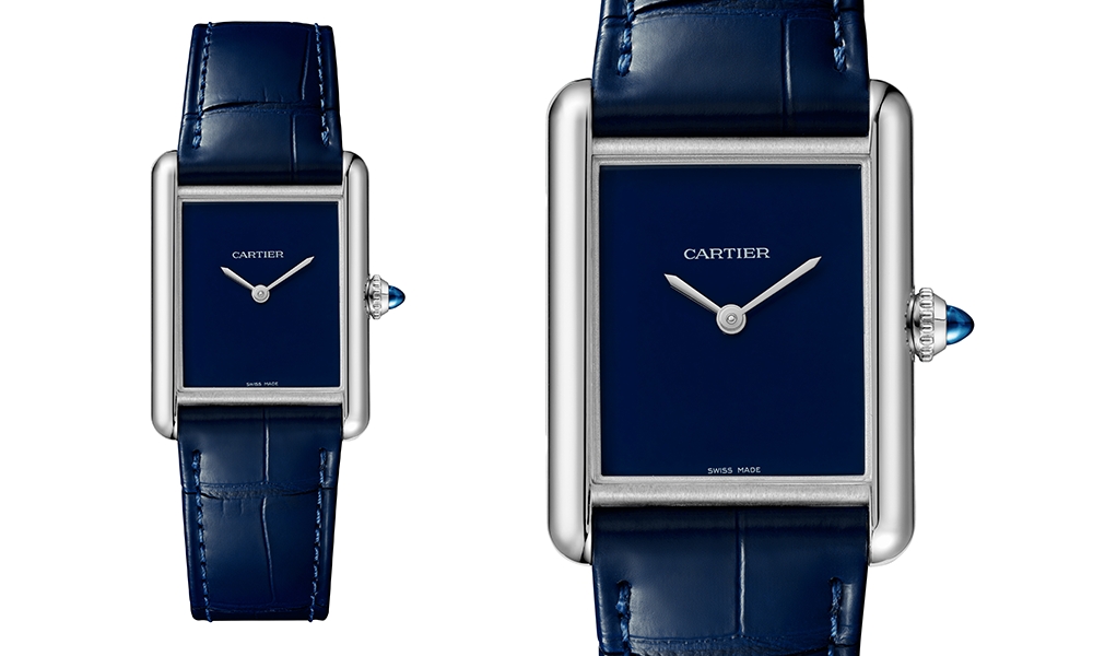 Cartier Tank Must限量版 精鋼錶殼，腕錶厚度只有6.6毫米，錶冠鑲嵌 一顆凸圓形藍色合成尖晶石，藍色漆面錶盤，襯藍色鱷魚皮錶帶，搭載石英機芯。