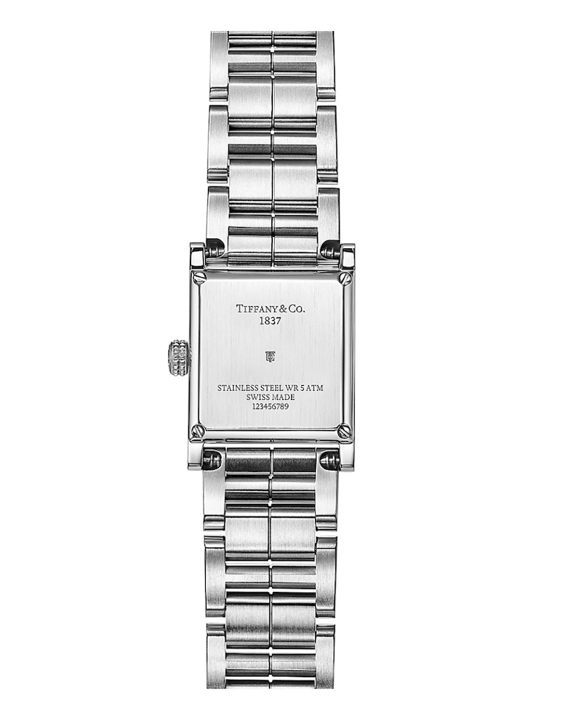 Tiffany 1837 Makers 16mm方形腕錶錶背印有LOGO字樣。（圖片來源：Tiffany & Co. 官網圖片）