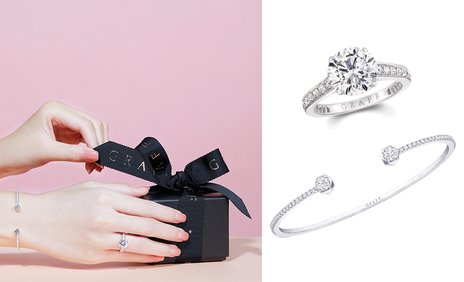 GRAFF婚嫁鑽飾系列 模特兒佩戴Flame圓形鑽石訂婚戒指，中央主鑽2.01卡，鑲嵌鑽石共重2.62卡。 HK$ 790,000 、Laurence Graff Signature系列鑽石手鈪 HK$100,000