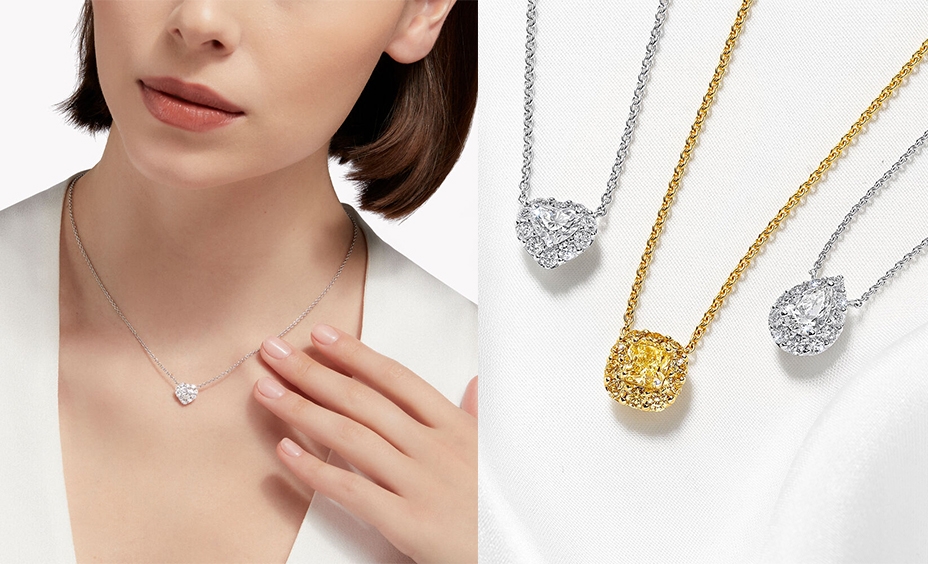 GRAFF婚嫁鑽飾系列 Icon系列白金或黃金吊墜頸鏈，鑲嵌白鑽或黃鑽，更有多款鑽石切割形狀可選擇。由HK$89,500起