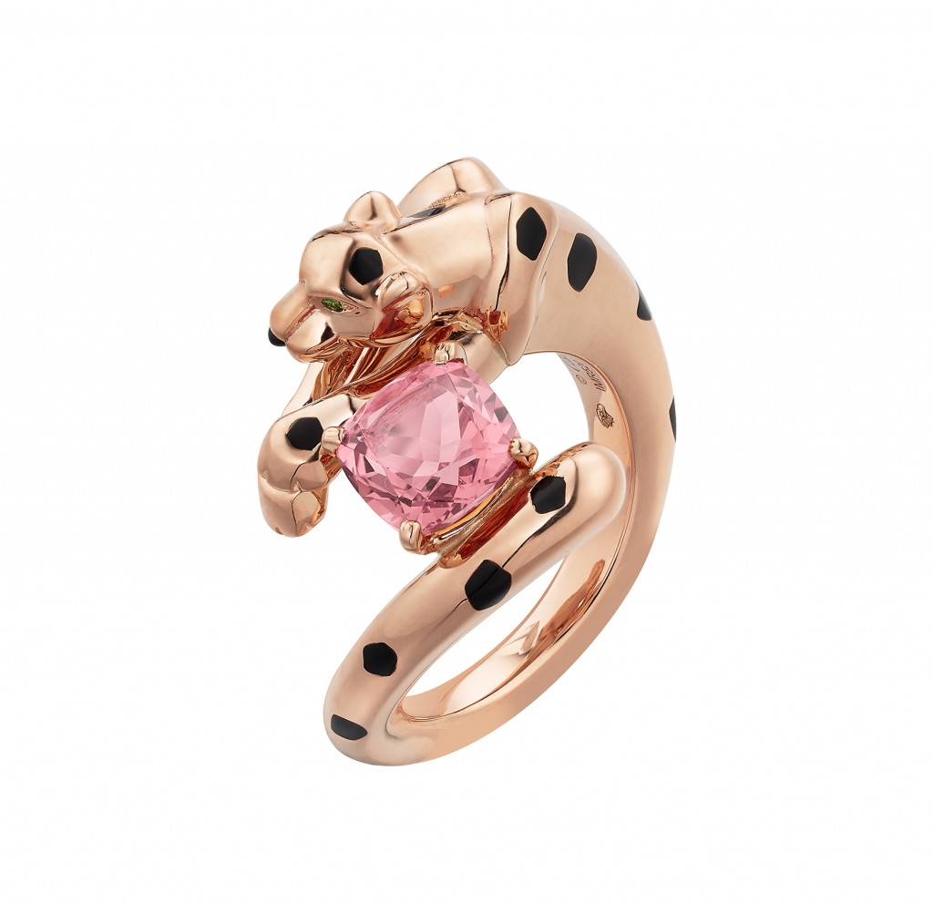 18K玫瑰金戒指，鑲嵌粉紅碧璽，縞瑪瑙，沙弗萊石榴石及黑色真漆。