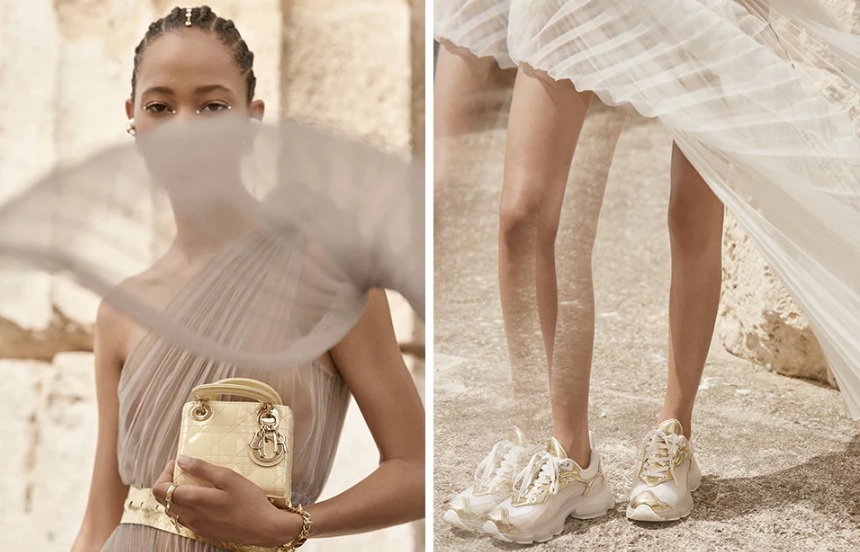 Dior最新2022 Cruise早春系列，高調地以波鞋襯女神晚裝裙，帶出來季女裝時尚主角──波鞋，而且展現顯長腿的效果。