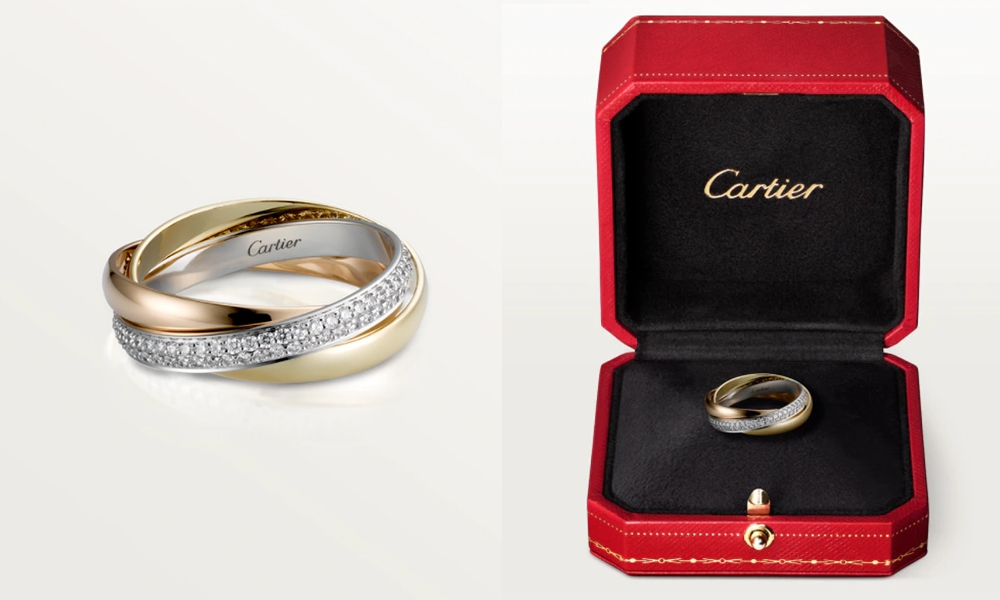 Trinity 戒指，小型款，18K白色黃金，18K玫瑰金，18K黃金，鑲嵌102顆明亮式切割圓鑽，共重0.46克拉。18K金戒指寬度：2.8毫米。鋪鑲戒指寬度：2.9毫米。