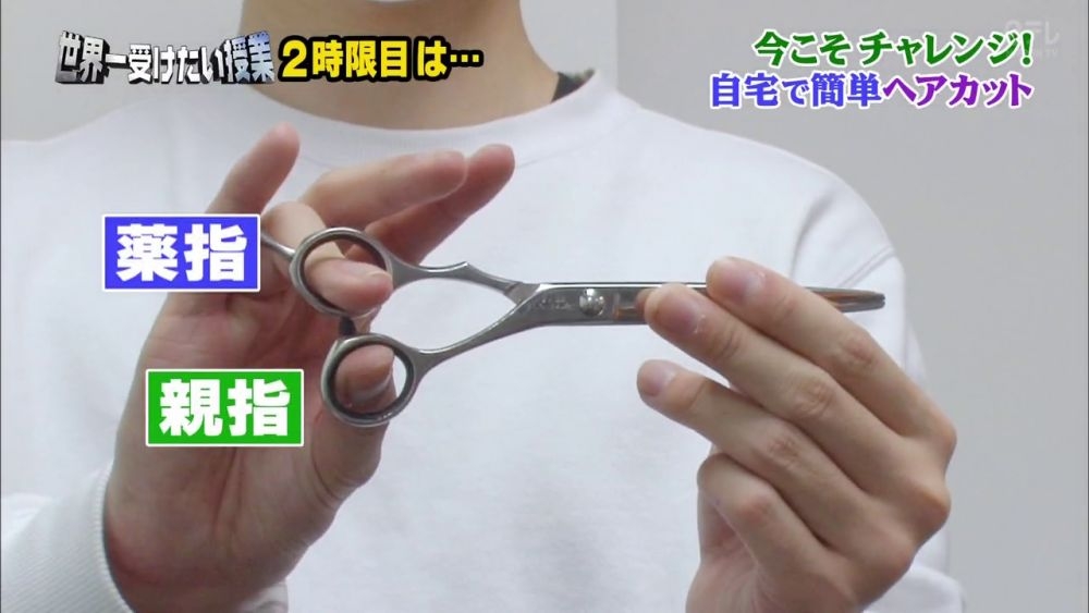 剪頭髮技巧 正確拿法應用姆指和無名指穿過剪刀的洞口，其餘的手指則用於固定剪刀。