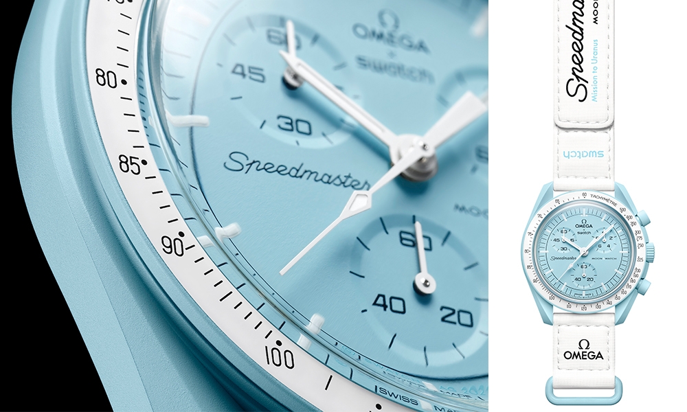 OMEGA x Swatch The BIOCERMAIC MoonSwatch腕錶 設計以淡藍色向希臘天空之神致敬。