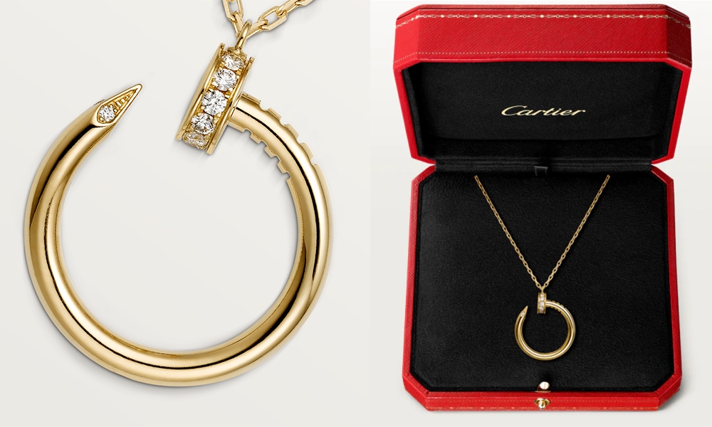 Cartier入門保值腕錶 CARTIER網購 Juste un Clou黃金頸鏈，鑲嵌14顆明亮式切割圓鑽，寬度：2.2毫米。內部直徑：14.2毫米。可調節鏈帶長度：39-41毫米。