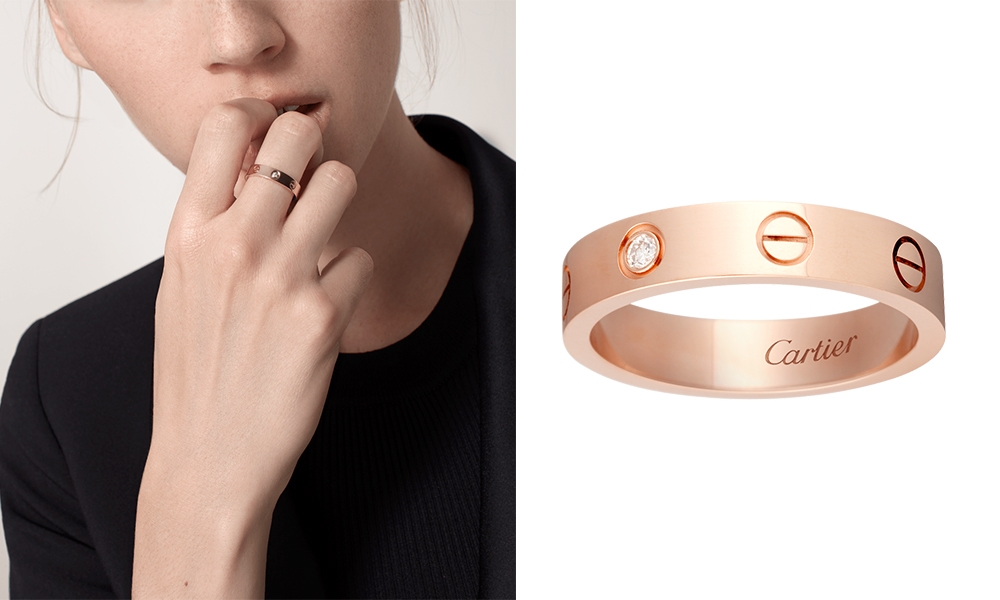 CARTIER網購 Love玫瑰金結婚戒指，，鑲嵌1顆重0.02克拉的明亮式切割圓鑽。寬度：4毫米。