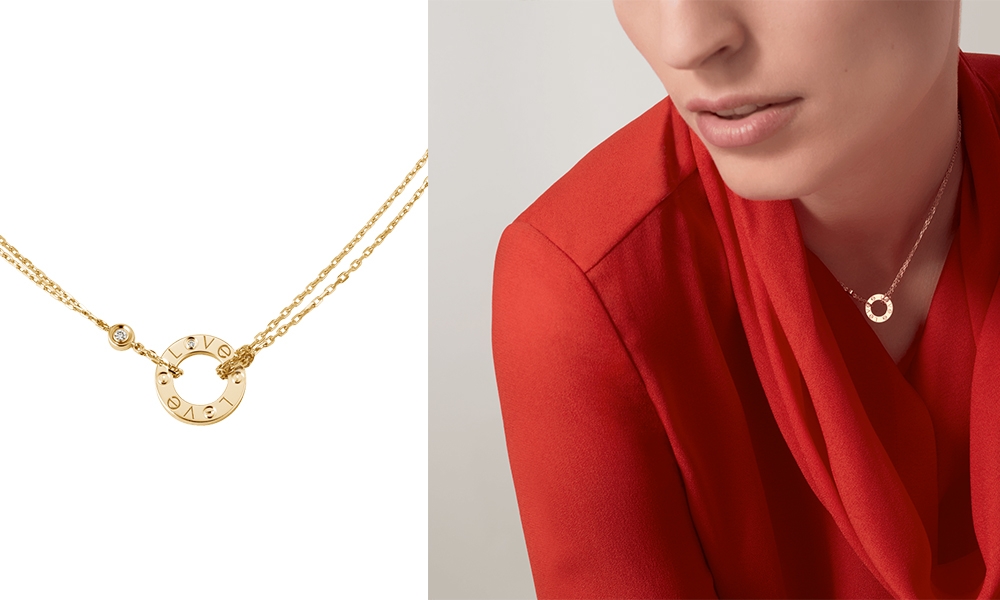 CARTIER網購 Love黃金頸鏈，鑲嵌2顆明亮式切割圓鑽，內部直徑：7.8毫米。鏈帶長度：392毫米。