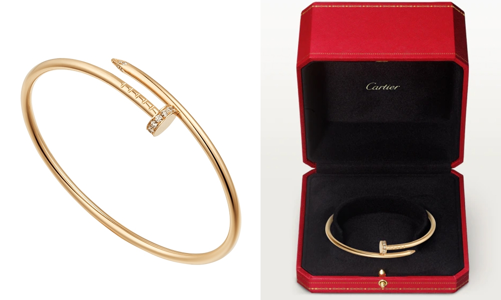 Cartier入門保值腕錶 CARTIER網購 Juste un Clou 手鐲，小型款，18K黃金，鑲嵌20顆明亮式切割圓鑽。寬度：2.5毫米。