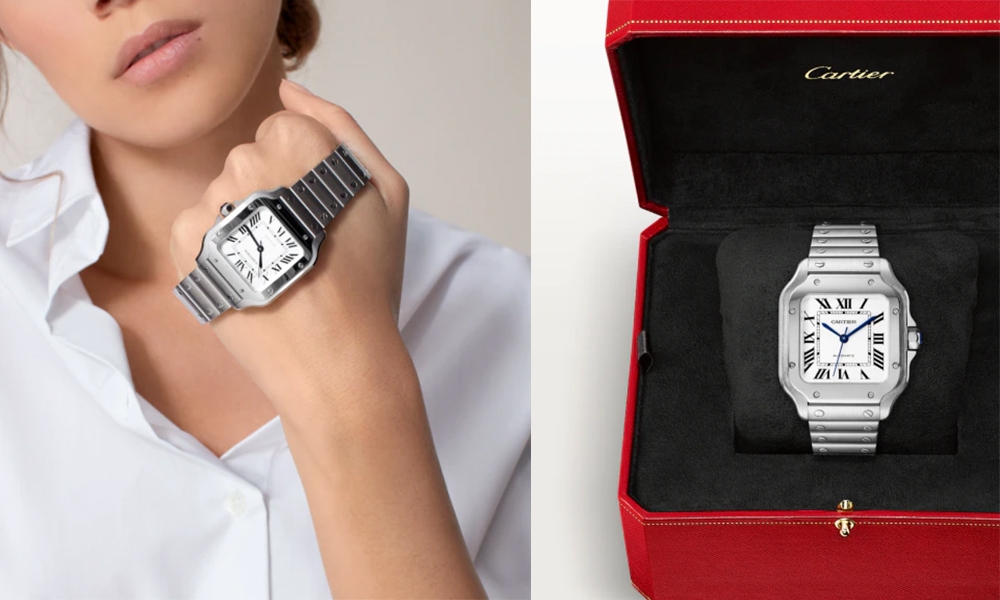 Cartier入門保值腕錶 CARTIER網購 Santos精鋼腕錶，中型款，1847 MC 型自動上鏈機械機芯，七邊形錶冠，鑲嵌1顆琢面切割合成尖晶石，銀色珠光錶盤，精鋼劍形指針，藍寶石水晶鏡面。精鋼錶鏈配備「SmartLink」尺寸調校系統。備有第二條小牛皮錶帶，可更換式精鋼折疊錶扣。兩條錶鏈/錶帶均配備「QuickSwitch」更換系統。錶殼寬度：35.1毫米，厚度：8.83毫米。防水深度10巴約100米）。