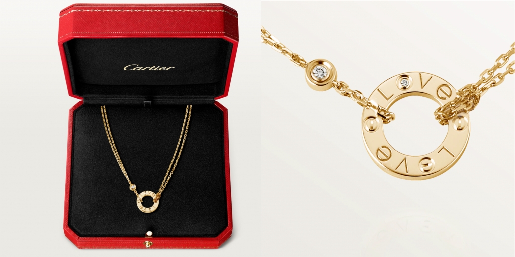 網購Cartier Love頸鏈，18K黃金，鑲嵌2顆明亮式切割圓鑽，共重0.03卡。