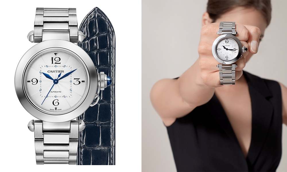 網購Cartier Pasha de Cartier腕錶，搭載1847 MC 型自動上鏈機械機芯。35毫米精鋼錶殼，凹槽式錶冠護蓋及錶冠鑲嵌合成尖晶石，銀色透明琺瑯雕紋錶盤，藍鋼菱形指針，精鋼錶鏈配備「SmartLink」尺寸調校系統，備有第二條海軍藍色鱷魚皮錶帶，可更換式精鋼折疊錶扣。兩條錶鏈/錶帶均配備「QuickSwitch」更換系統。