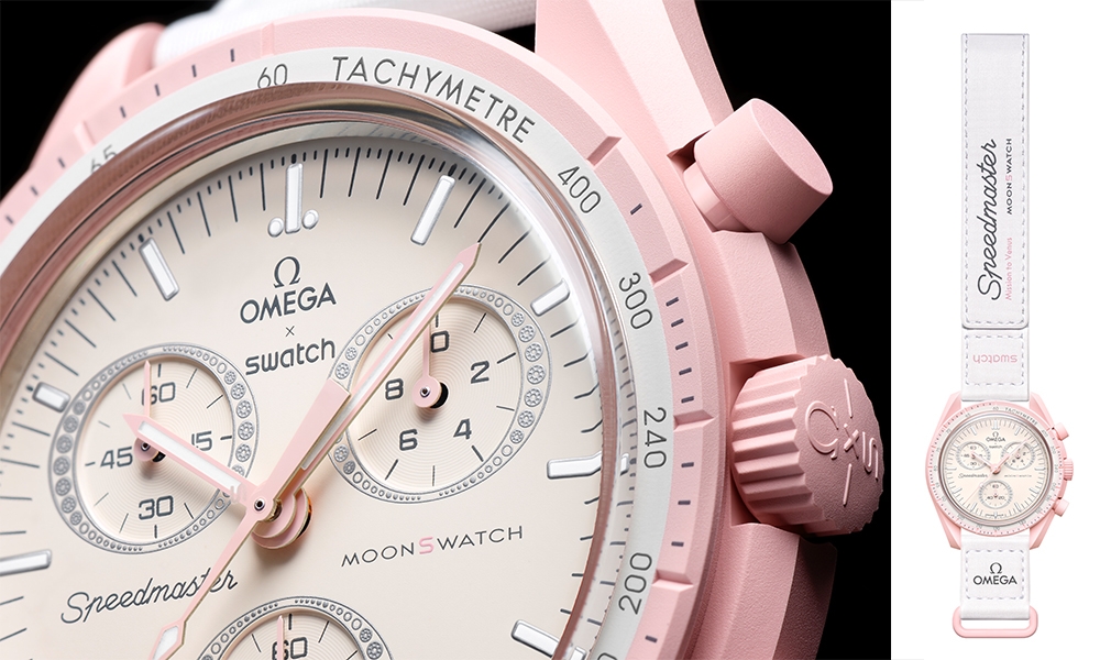 OMEGA x Swatch The BIOCERMAIC MoonSwatch腕錶 以橢圓形錶盤配搭粉紅色，向愛之星球致敬。