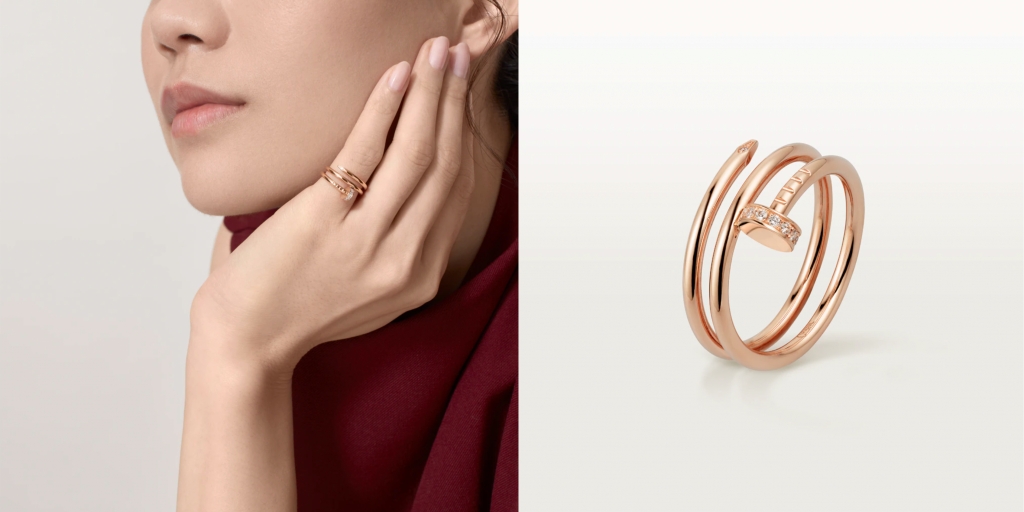 網購Cartier Juste un Clou 戒指，18K玫瑰金，鑲嵌14顆明亮式切割圓鑽，共重0.08卡。