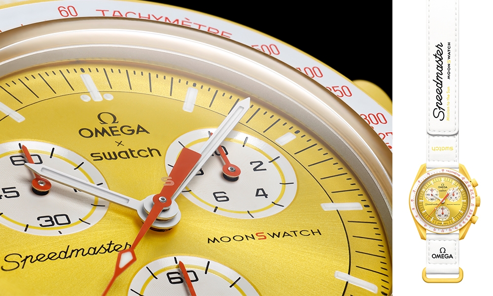 OMEGA x Swatch The BIOCERMAIC MoonSwatch腕錶 金黃色錶面與紅色指針營造特色對比效果