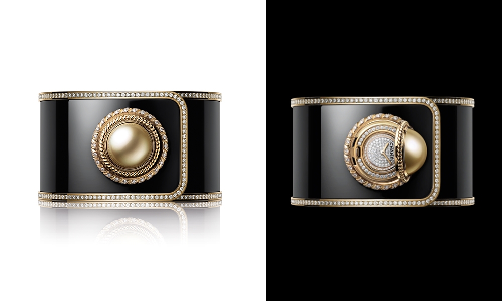 Chanel J12鑽石陀飛輪 18K白金錶盤鑲142顆明亮式切割鑽石，黃金鈕扣鑲1顆金色珍珠