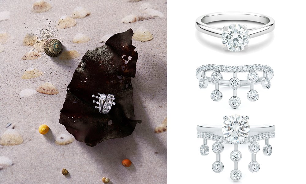 De Beers Jewellers鑽戒 De Beers鑽戒 De Beers鑽戒新設計──Dewdrop系列鑲鑽戒指,其獨特弧形設計以配襯圓形鑽石訂婚戒指,無論單獨佩戴、從上或從下與單顆圓形鑽石戒指組合佩戴成個性風格。
