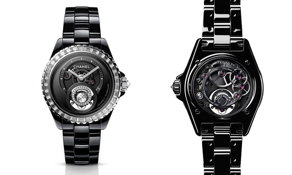 CHANEL手錶 Chanel J12腕錶 Chanel J12鑽石陀飛輪 38毫米黑色耐磨陶瓷錶殼，藍寶石手晶玻璃底蓋刻有 「LIMITED TO 55」字樣，18K白金固定錶圈，鑲嵌34顆共重約3.50卡長階梯形切割鑽石，黑色鏤空錶盤，18K白金非旋入式錶冠，鑲嵌1顆明亮式切割鑽石；黑色耐磨陶瓷錶鏈，搭載CALIBER 5 機芯︰CHANEL自製手動上鏈陀飛輪機芯，具備約42小時動力儲存，顯示小時、分鐘及飛行陀飛輪，防水深度50米。