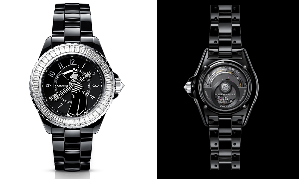 Chanel J12鑽石陀飛輪 38毫米黑色耐磨陶瓷及18K白金錶殼，18K白金底蓋刻有 「LIMITED TO 55」字樣，藍寶石手晶玻璃底蓋刻有 「LIMITED TO 55」字樣，18K白金固定錶圈鑲嵌46顆共重約5.46卡長階梯形切割鑽石，黑色漆面錶盤，Chanel女士肖裝飾，18K白金非旋入式錶冠，鑲嵌1顆明亮式切割鑽石；黑色耐磨陶瓷錶鏈，搭載Caliber 12.1機芯︰Chanel製手動上鏈機芯，黑色塗層處理，具備約70小時動力儲存，顯示小時、分鐘，防水深度約50米。