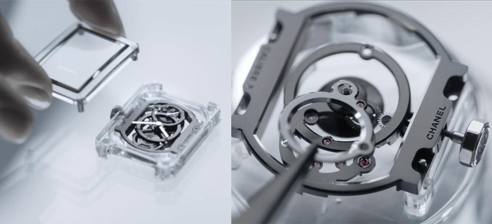 Chanel J12鑽石陀飛輪 Chanel自製鏤空機芯呈現幾何美感，彰顯極致優雅的氣息，並突顯腕錶的陽剛風格元素。