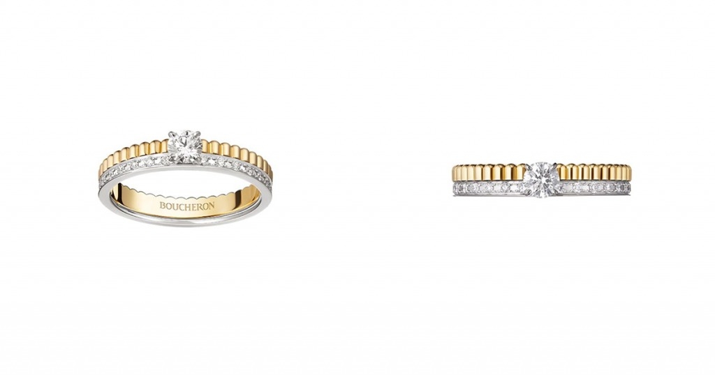 求婚戒指 Boucheron Quatre Radiant系列單鑽求婚戒指，中央鑲崁一顆圓形鑽石，約重0.2卡