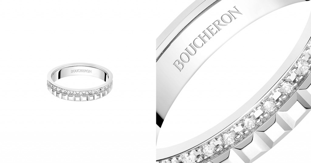 求婚戒指 Boucheron Quatre Radiant系列Clou De Paris求婚戒指，鑲崁33顆圓形鑽石，約重0.24卡。