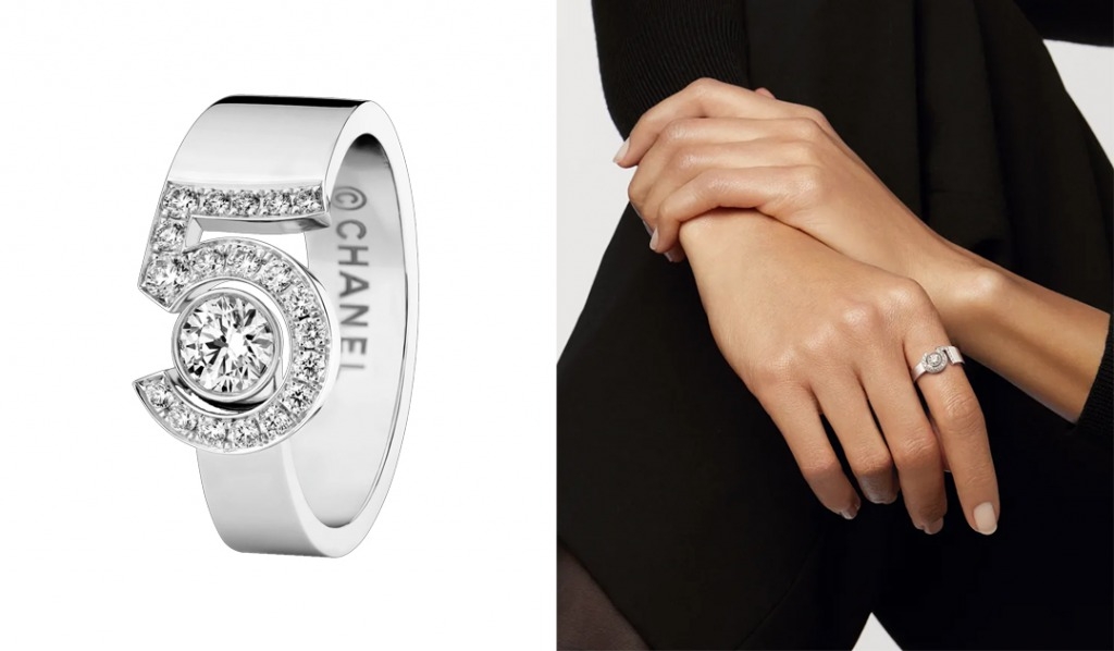 求婚戒指 18K白金戒指，1顆明亮式切割主鑽，周圍密鑲19顆明亮式切割鑽石。