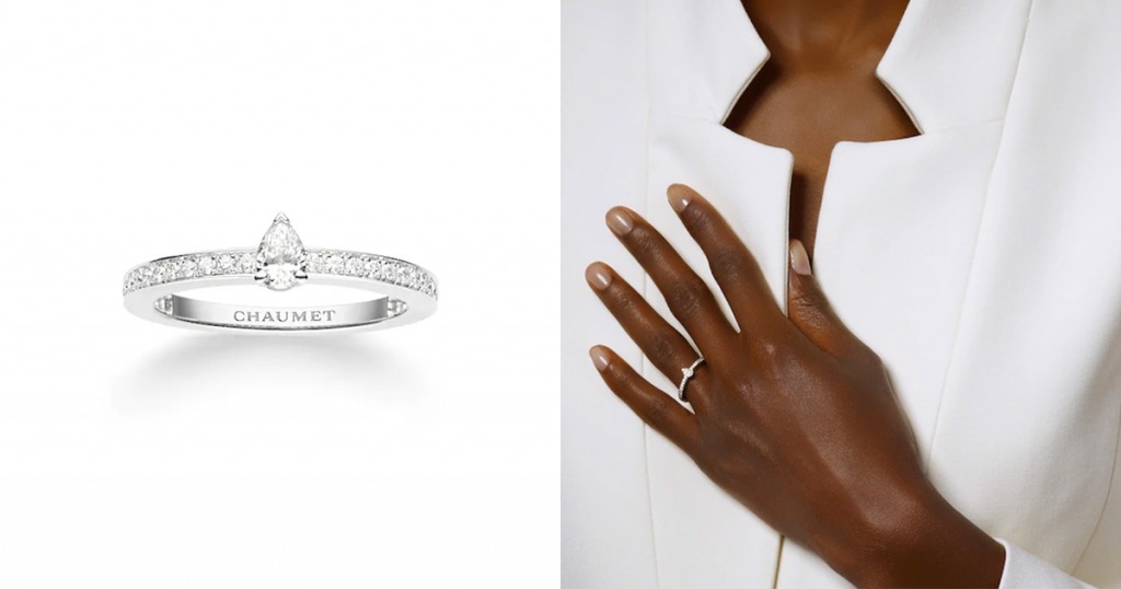 求婚戒指 Chaumet Joséphine Éclat d’Éternité 鉑金求婚戒指，中央鑲崁一顆梨形主鑽，共重0.18卡。