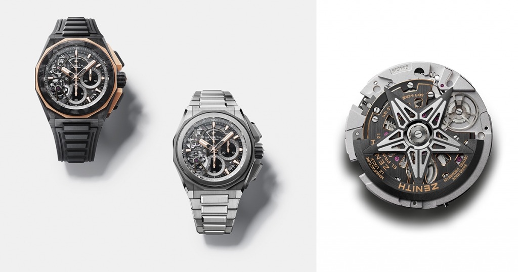 ZENITH DEFY系列 全新DEFY Extreme雙陀飛輪腕錶錶殼棱角分明，且再次體現作為計時大師Master of Chronographs）的地位，展現高級製錶工藝之巔峰。全新DEFY Extreme雙陀飛輪腕錶有兩款，第一款為全鈦金屬材質，混合緞光打磨、拋光、啞光表面，包括錶鏈；第二款為碳纖維材質，配備噴砂啞光玫瑰金十二邊形錶圈和按鈕保護零件，搭配黑色紋理橡膠錶帶。鏤空錶盤設有鑲貼計時盤和染色透明藍寶石水晶玻璃元素，讓內置的創新機芯和配備星形框架的兩個陀飛輪裝置清晰可見，隨時可以鑑賞內裡現代時尚的結構。