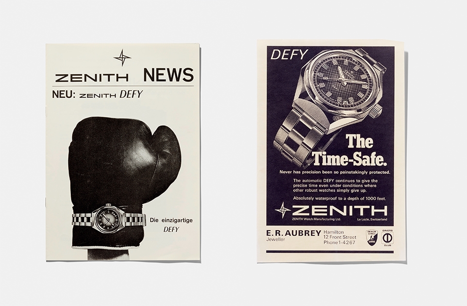 ZENITH DEFY系列 1969年ZENITH DEFY的平面印刷廣告，可見復刻版盡顯當年氣派。