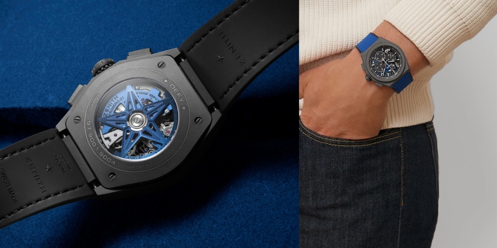 ZENITH Chronomaster系列 DEFY 21 Ultraviolet腕錶採用微噴砂啞光鈦金屬製作，突顯棱角分明的錶殼線條和琢面，重錶背透明底蓋可鑑賞搭載El Primero 21 1/100秒藍色計時機芯的夾板及緞光處理藍色擺陀。