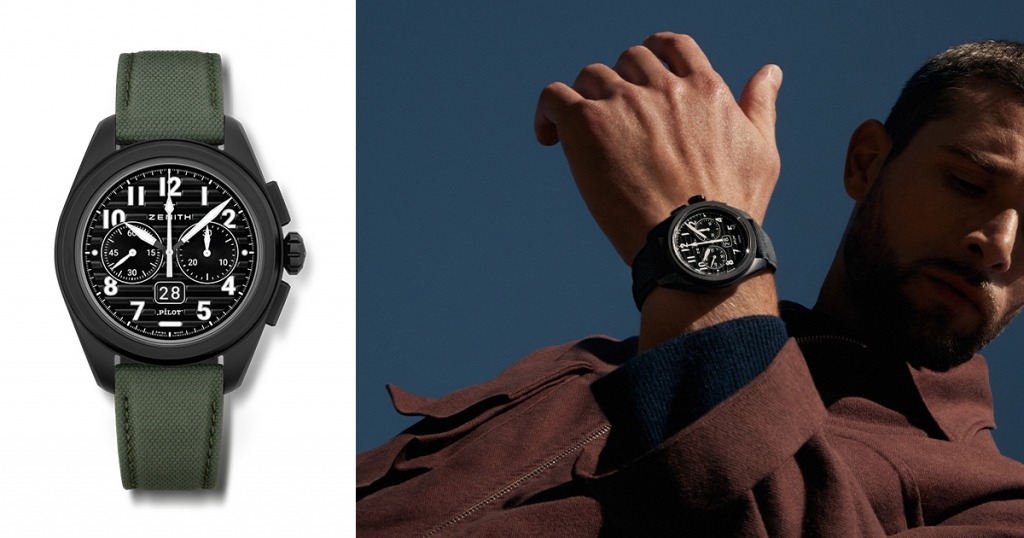 父親節禮物 ZENITH的飛行員計時腕錶，以PILOT Big Date Flyback大日期飛返計時腕錶之姿回歸。腕錶具備42.5毫米黑色陶瓷錶殼和超大錶冠，搭配飾有大型夜光阿拉伯數字時標的黑色波紋錶盤。隨附可互換的黑色和卡其色「Cordura」效果橡膠錶帶。搭載El Primero 3652型高振頻自動上鏈計時機芯，配備大日期和飛返計時功能。