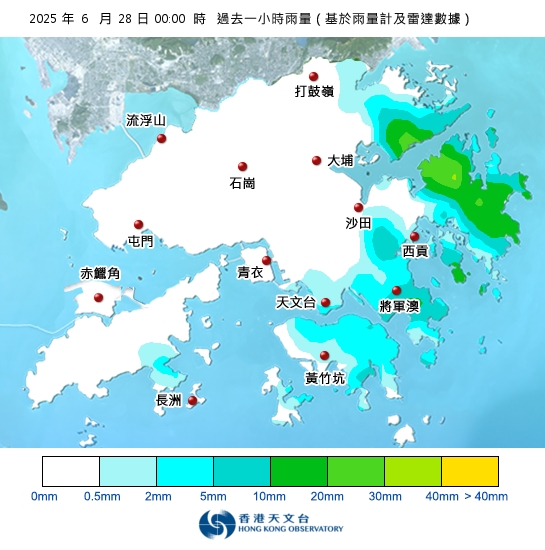 黃雨警告於深夜0時55分生效！附天文台各區雨量分佈圖