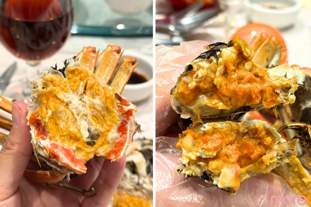 大閘蟹 左為母蟹,有一層橙紅的蟹黃,吃上口硬硬的,有起沙感;右為公蟹,入口綿滑,有點似果凍狀。(圖片來源:Echo Cheung攝)