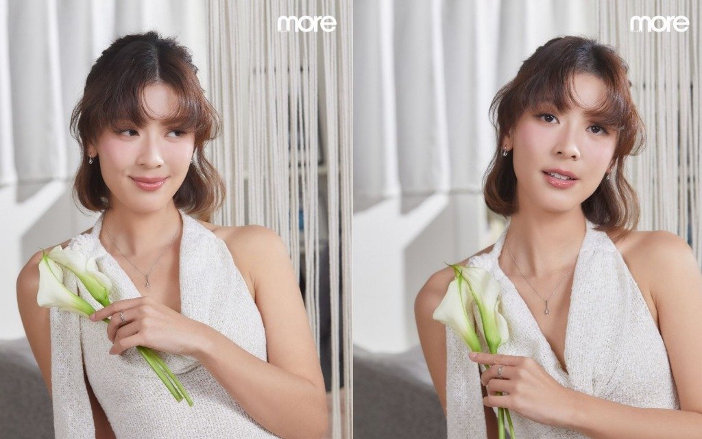 余香凝 余香凝佩戴六福珠寶「心動水滴」鑽石首飾套裝,盡顯純淨優雅氣息。(圖片來源:Sunday More)