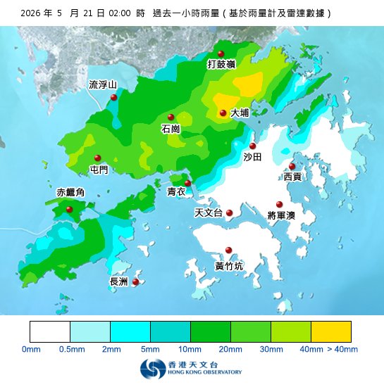 紅雨警告於深夜2時40分生效！附天文台各區雨量分佈圖